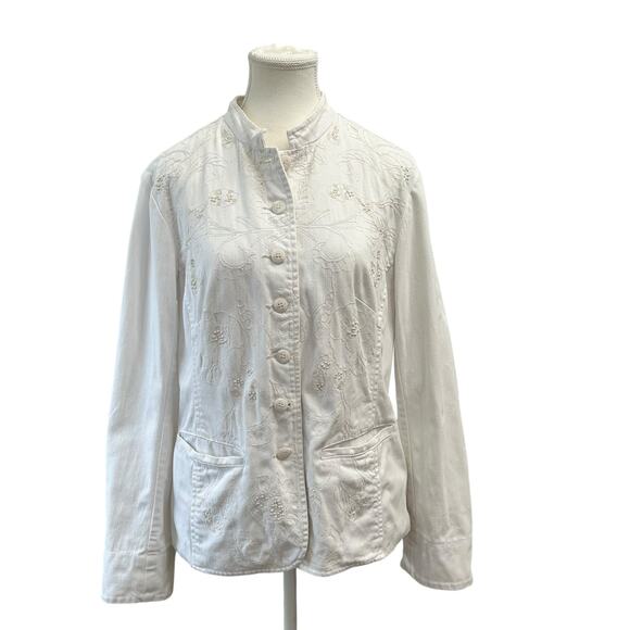 Coldwater Creek White Embroidered Denim Jacket Women's Size 10 Mandarin Collar - Picture 1 of 11
